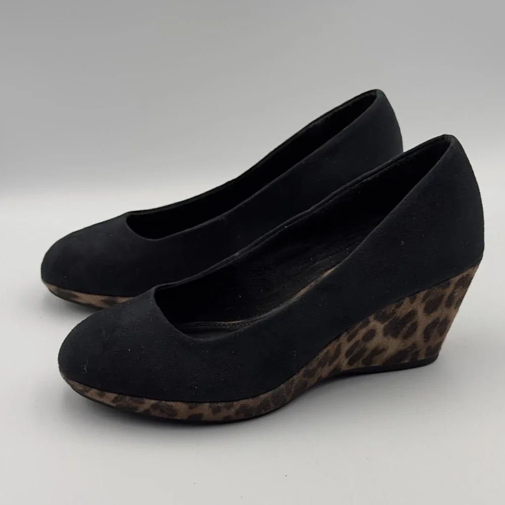 Marco Tozzi Black Suede Leopard Wedges Heels Size‎ 37 US 6/6.5